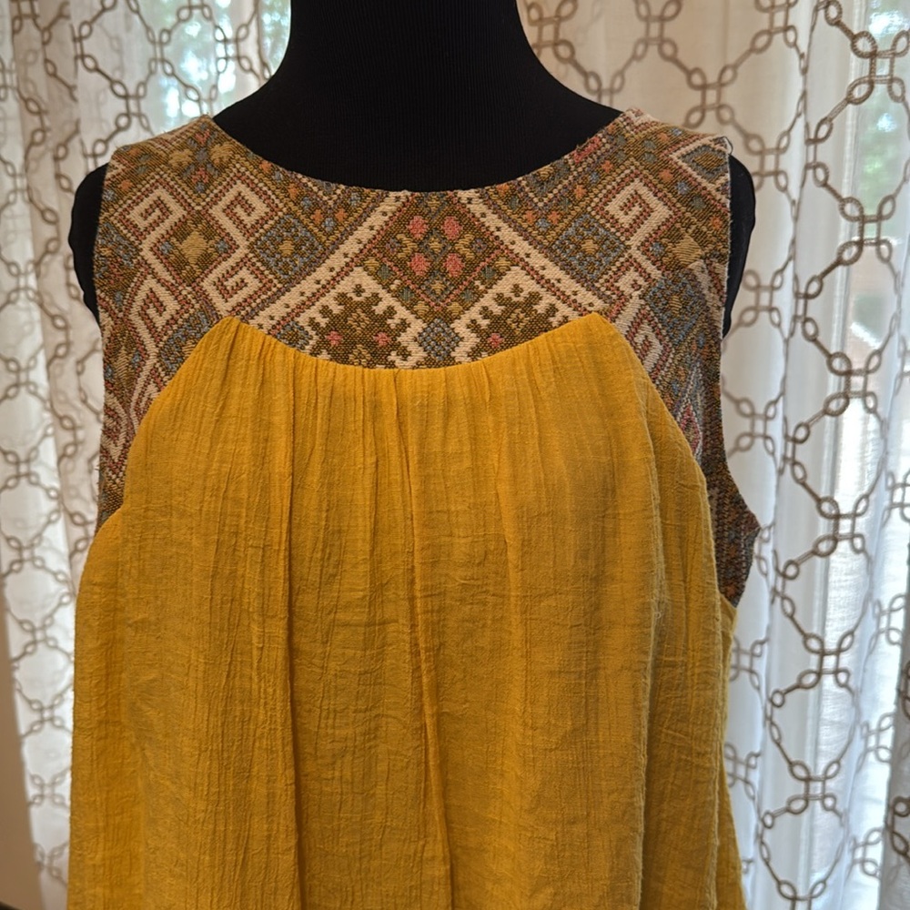 Yellow Sleeveless Top with Patterned Neckline